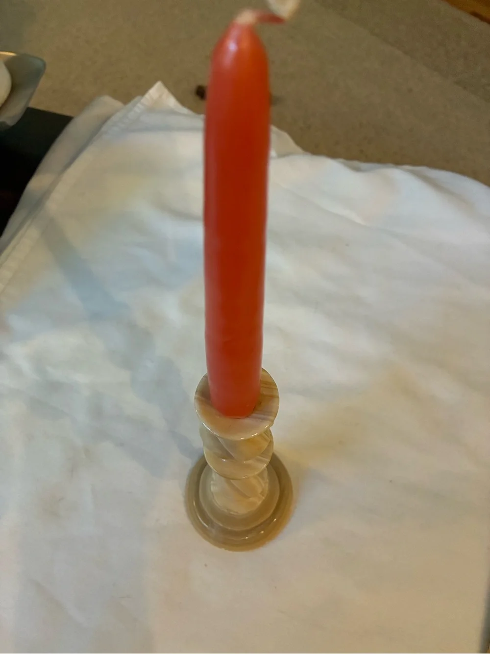 Hand-Carved Beige Striped Onyx Candlestick Holder